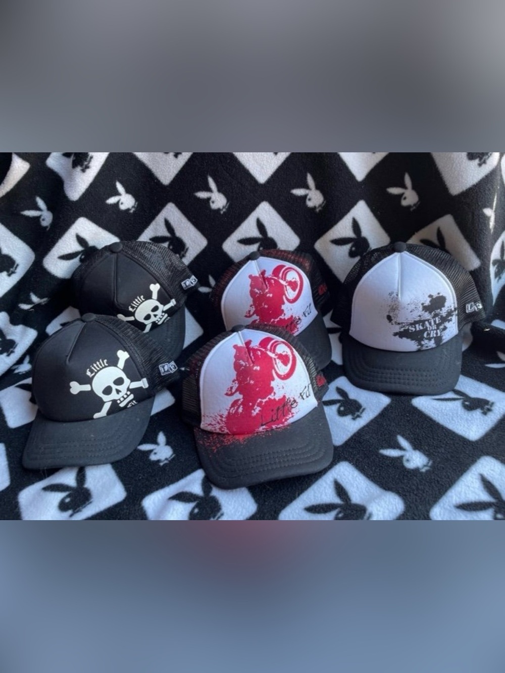 Skull & Moto Kids Trucker Hat - Black, White, Red